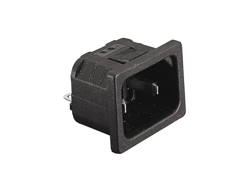 IEC Connector snap-fit voor paneelinlaat 2 pin PX0691 Series 1.5mm paneel zwart 2.8mm Solder Tag Termination EN60 320-1 Standard Sheet C18 Class II.
